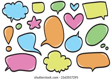Vector set of speech bubbles. Doodle hand draw like kids style in pastel color for use in business, chat, inbox, dialog, message, question, communication, talk, speak, sticker, balloon, thinking