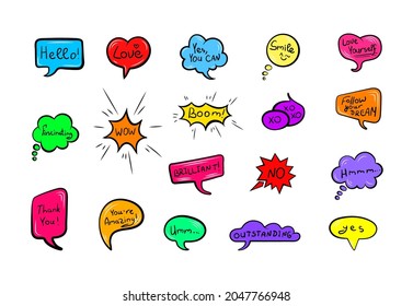 Vector Set of Speech Bubbles with Encouraging Words and Phrases, Colorful Illustrations Isolated on White Background, Talk Bubble Icons.