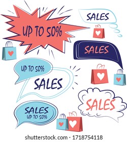 Vector set of speech bubbles. Hand drawn colorful set of dialog windows with sales.