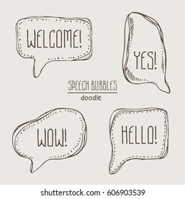Vector set: speech bubbles. Hand drawn doodles illustration.