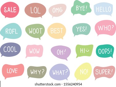 Vector set of speech bubbles with handwritten short phrases sale, lol, OMG, bye, hello, ROFL, woot, best, yes, who, cool, wow, oh, hi, oops, love, why, what, no, super isolated on white. EPS10