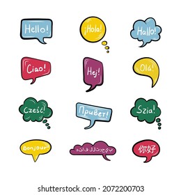 Vector Set of Speech Bubbles with Hello Words, Different Languages, Flat Design Elements Set, Word Frames, Colorful Talk Bubbles and Though Comic Clouds.