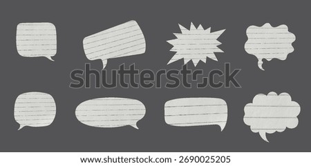 Vector set of speech bubbles with lines paper. Lined notebook paper texture. Retro scrapbook collage elements. Communication concept.