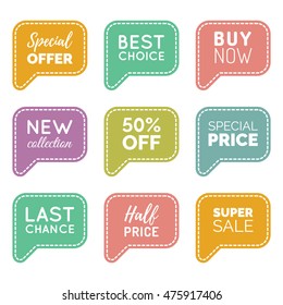 Vector set of speech bubbles with sale phrases. Discount card collection: Best Choice, Special Offer, 50% Off, Buy Now, Last Chance etc. Illustrations of labels and logos.