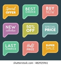 Conjunto vectorial de burbujas de habla con frases de venta. Recogida de tarjetas de descuento: Comprar ahora, Oferta especial, 50% de descuento, Mejor opción, etc. Ilustraciones de etiquetas y logotipos.