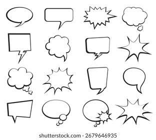 Conjunto vetorial de bolhas de fala em várias formas e tamanhos. Silhueta de bate-papo desenhada à mão, esboço de nuvem de bolhas de pensamento, caixa de legenda para mensagens, citações, texto de conversa, bolhas de fala de quadrinhos isoladas em