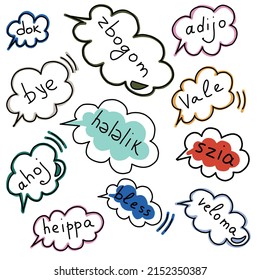 vector set of speech, thoughts, words written in different languages on a white background.