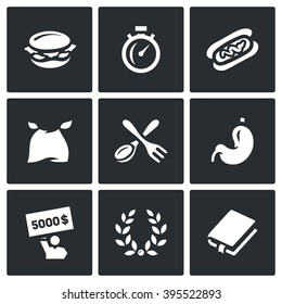 Vector Set of Speed Eating Contest Icons. Burger, Stopwatch, Burrito, Eater, Fork and Spoon, Stomach, Winner, Glory, Records book. Individual sport. Meals on time. Gluttony man.