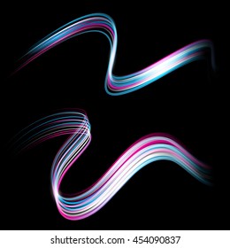 Vector set speed lines with glow effect. Powerful light trail.