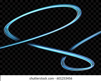 Vector set speed lines with glow effect on a transparent background. Powerful light trail.
