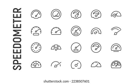 Vector set of speedometer thin line icons. Design of 20 stroke pictograms. Signs of speedometer isolated on a white background.