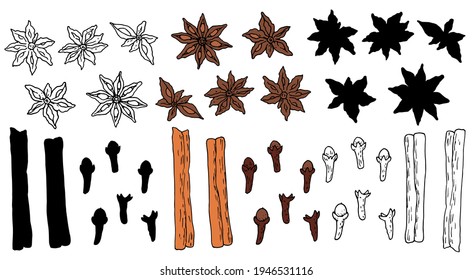 Conjunto vectorial de especias palos de canela, estrellas anís y manteles dibujados a mano en forma de boceto. Una colección aislada de elementos de condimento Las siluetas se presentan en tonos negros y vivos de marrón rojo 