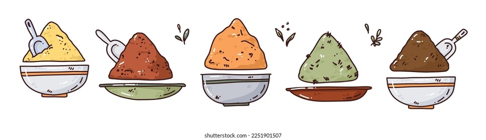 conjunto vectorial de especias, coloridas especias frescas en cestas. grupo de ilustración de dibujos animados