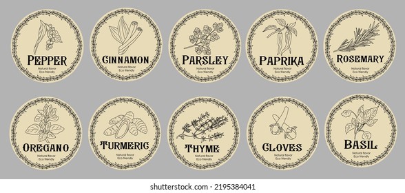 Vector set of spices food labels with herbs sketches: pepper, basil, paprika, oregano, rosemary and parsley. Packaging and labeling template. Organic, natural flavor, eco friendly, kitchen herbs .