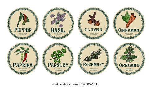 Vector Set Of Spices Food Labels With Herbs Sketches: Pepper, Basil, Paprika, Oregano, Rosemary And Parsley. Packaging And Labeling Template. Organic, Natural Flavor, Eco Friendly, Kitchen Herbs. 