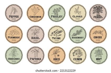 Vector Set Of Spices Food Labels With Herbs Sketches: Pepper, Basil, Paprika, Oregano, Rosemary And Other. Packaging And Labeling Template. Organic, Natural Flavor, Eco Friendly, Kitchen Herbs .