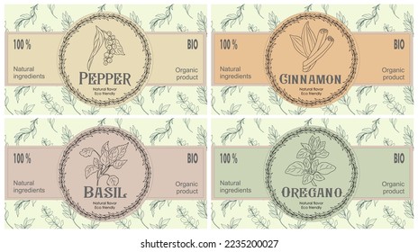 Conjunto vectorial de etiquetas de alimentos con hierbas extraídas a mano: pimienta, albahaca, orégano, canela. Plantilla de embalaje y etiquetado, paquete de etiquetas. Saborizante ecológico, natural, ecológico, hierbas de cocina. 