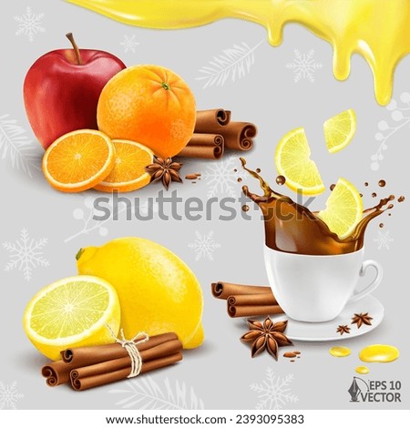 Vector set of spices and fruits. Cinnamon sticks and star anise. Tea with lemon and liquid honey. Winter decoration. 3D realistic illustrations of food for design and advertising