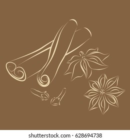 Vector set of spices. Isolated image of cinnamon sticks, cloves and star anise.