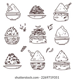 vector set of spices, outline fresh spices in baskets. group of cartoon illustration
