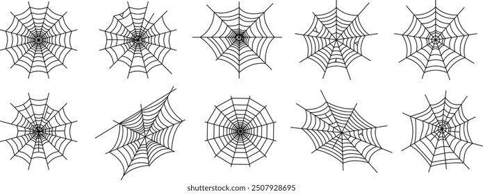 Vector Set of spider web. Halloween symbol. Outline set of spider vector icons for design isolated on transparent background