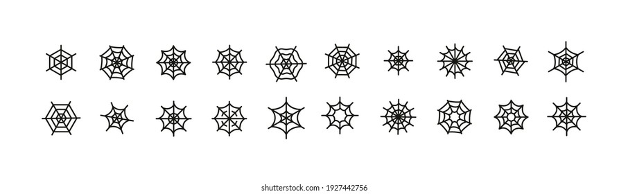 Vector set of spider web thin line icons. Design of 20 stroke pictograms. Web signs isolated on a white background.