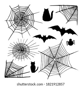 vector set of spider webs, cats, bats and spider. Hand drawn black ink and traced doodle collection for Halloween theme.