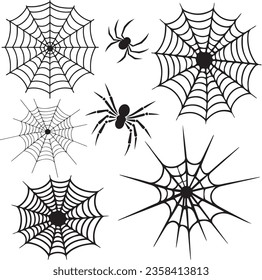 Vector set of spiders and cobwebs, hallowen set, spider silhouette, web set