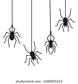 Vector set of spiders descending on a web. Festive Halloween icons. Creepy and stylish background for party invitations and decorations.