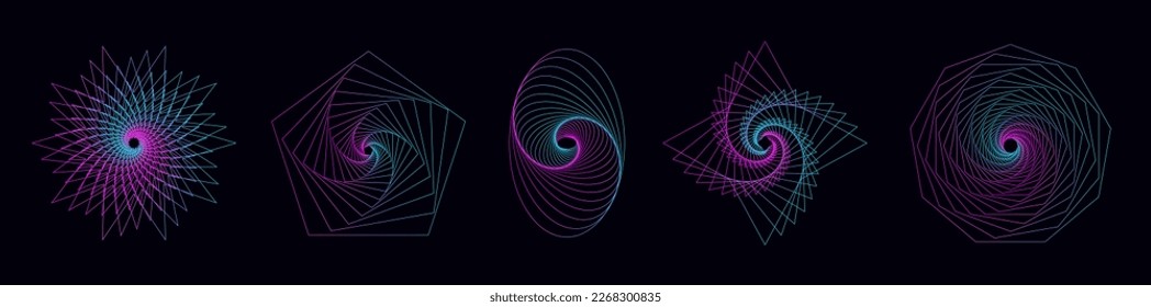 Vector set spirograph figures. Colored abstract tunnel. Wireframe twisted spirals. Sacred geometry with lines in the form star, oval, pentagon, nonagon.