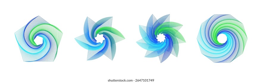 Vector set spirograph figures. Colors abstract tunnel. Wireframe twisted spirals. Sacred geometry with lines in the form pentagon, decagon, star.