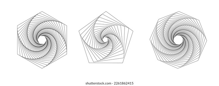 El vector estableció cifras de espirografo. Túnel blanco abstracto. Espirales torcidas de alambre. Geometría sagrada con líneas en forma de hexágono, pentágono, octógono.