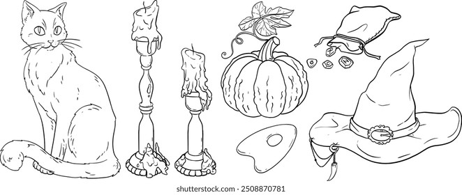 Vector set of spooky Halloween illustrations, witchcraft elements.