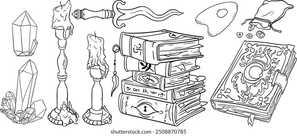 Vector set of spooky Halloween illustrations, witchcraft esoteric elements.