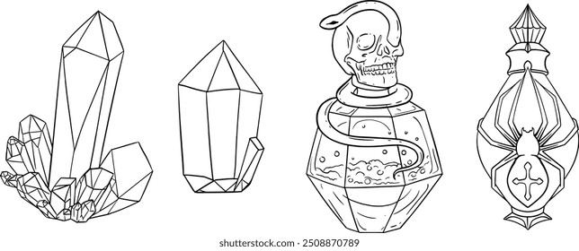 Conjunto de Vector de espeluznantes ilustraciones de Halloween de pociones y cristales.