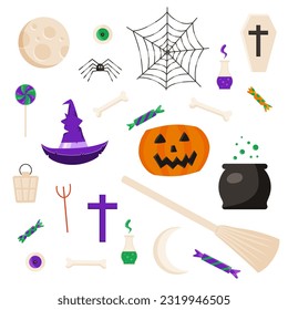 Vector set of spooky Halloween symbols isolated