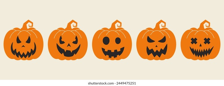 Vector set of spooky pumpkins with scary faces. Halloween pumpkin icons. Vector illustration.