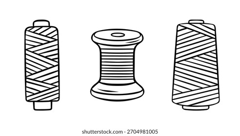 conjunto de vetor, carretel de fio, acessórios de tricô, ícone simples preto e branco, estilo de rabiscar e esboço
