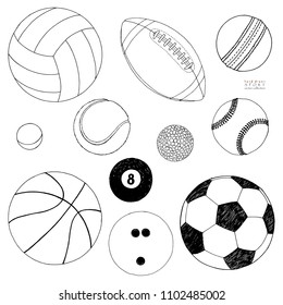 Vector set of sport balls. Hand drawn sketch. Isolated on white background
