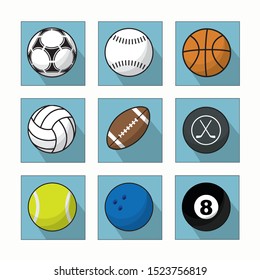 Vector set of sport balls icons in Flat design style: Football/Soccer, Baseball, Basketball, Volleyball, Rugby, Hockey, Tennis, Bowling, Billiard