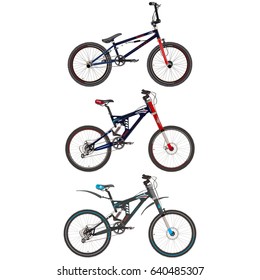 Vector set of sport bikes. Bmx and mountain bicycles flat style design elements isolated on white background.