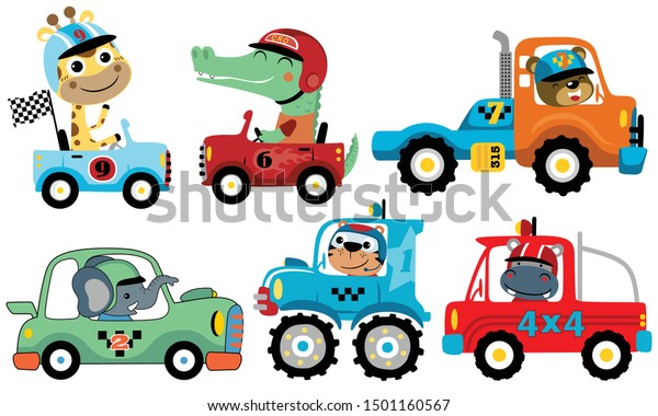 Vector set of sport car
with funny racer