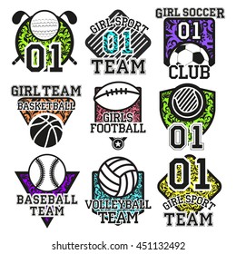 Vector set of sport colorful labels. Design elements, icons, logo, emblems and badges isolated on white background. Soccer, golf, american football, volleyball.