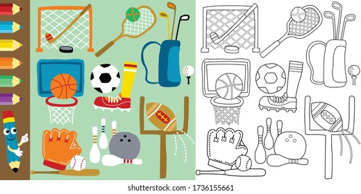 Vector set of sport elements cartoon, coloring book or page