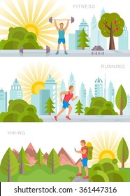 Vector set sport and fitness illustrations and banners on white background. Running man, fitness and bodybuilding man, hiking sports. Modern isolated illustration city sports