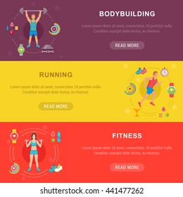 Vector set sport and fitness illustrations and banners on white background. Running man, fitness and bodybuilding man. Modern isolated illustration city sports