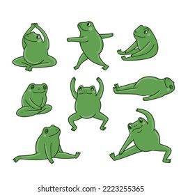 Vector set of sport frog illustration. Cute animals are doing yoga.  Healthy sport lifestyle. Frog meditation sticker set isolated on white background.