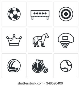 Vector Set of Sport Icons. Soccer, Biathlon, Archery, Chess, Jumping, Basketball, Football, Cycling, Tennis. Soccer Ball, Biathlon Target, Archery Target, Crown, Horse, Basket, Helmet, Bicycle,