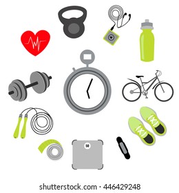 Vector set of sport  items (sneakers, weights, jump rope, stopwatch, sports bag, player, clock, water, gloves and sports top). 