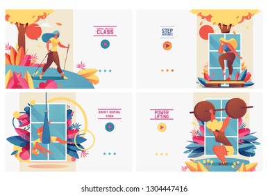 Vector set sport lifestyle banners with young active women doing step aerobics, power lifting with barbell, nordic walking and aerial yoga training. Pastel modern landing page concept templates